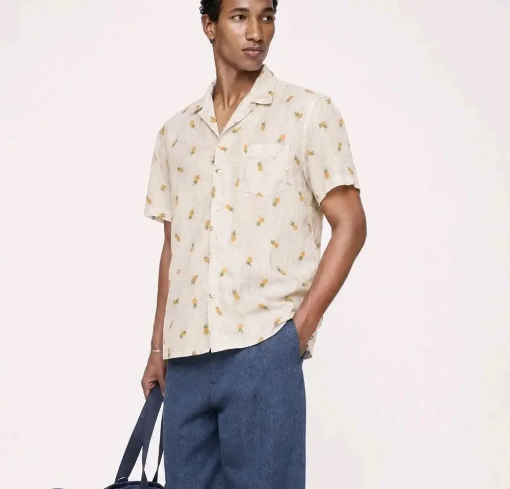 Banana Republic White Pineapple Linen Blend Slim Fit Short Sleeve Shirt Men L